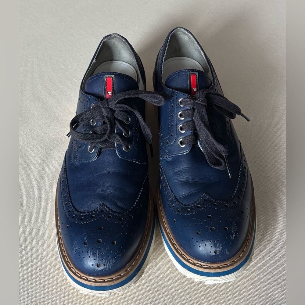 Prada Navy Blue Leather Wingtip Brogue Platform Sneakers 3E5400 Sz: 39.5 - Picture 7 of 11